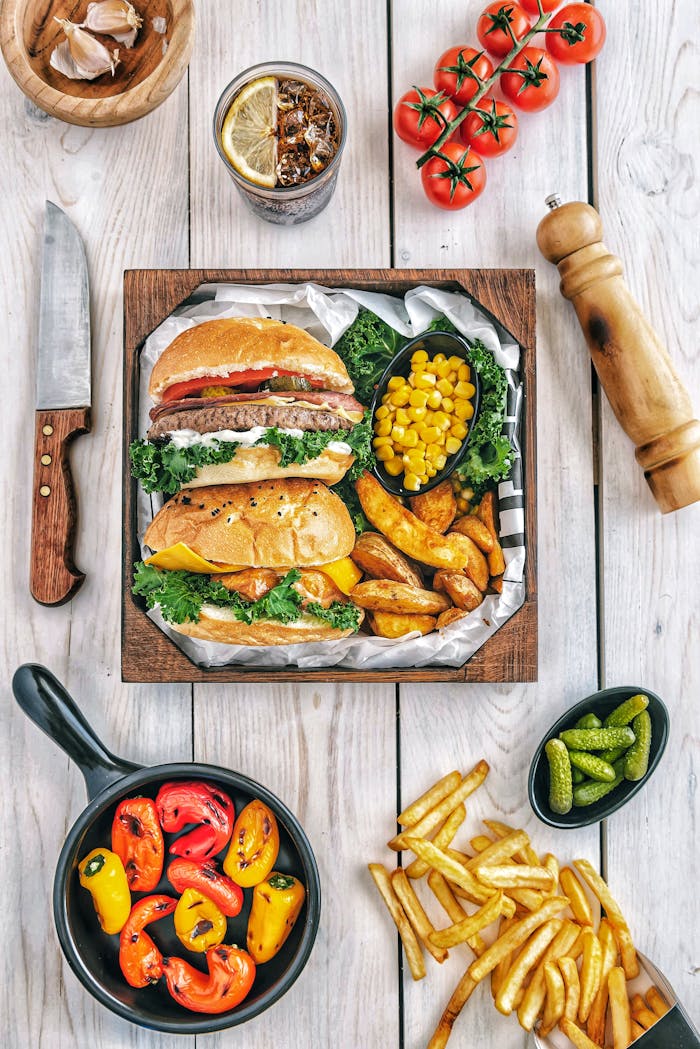 A mouth-watering gourmet burger meal with fries, peppers, and corn, perfect for a delicious dining experience.